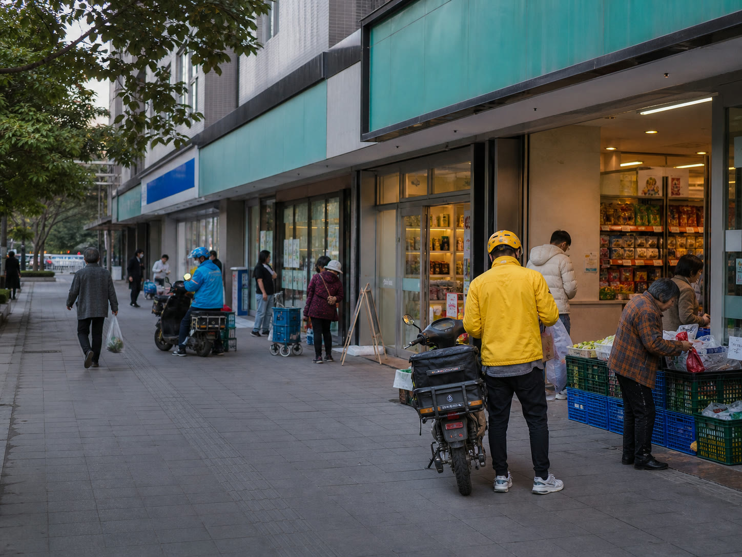 동네 슈퍼와 배달 라이더, 장보는 주민이 함께 있는 중국의 일상 상권
