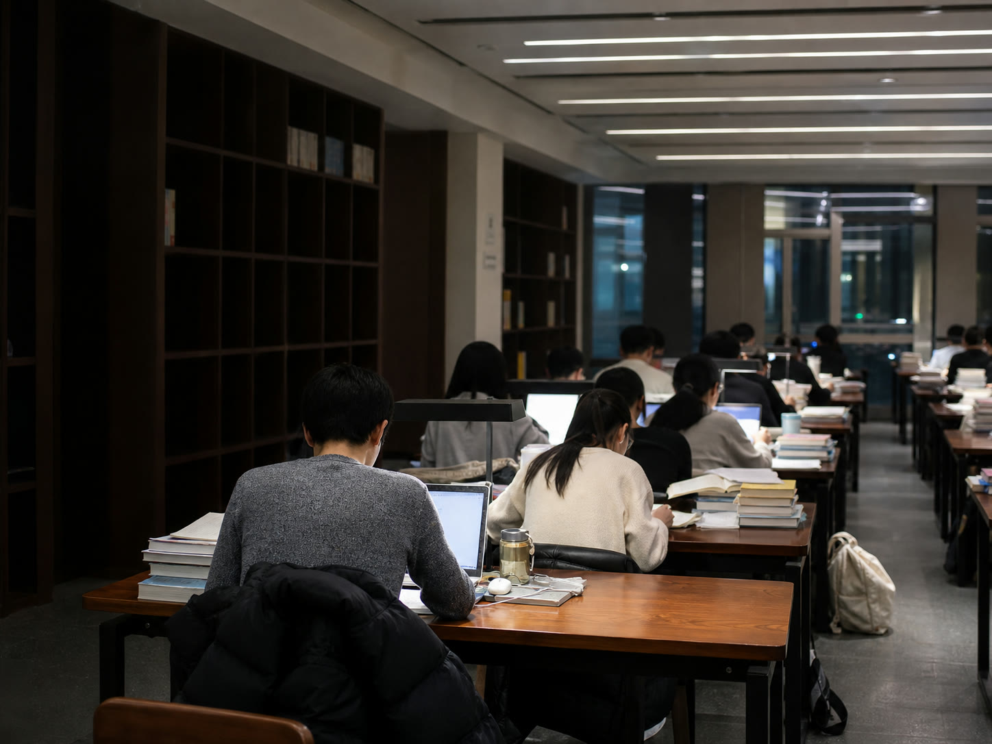 책과 노트북을 앞에 두고 공부하는 중국 대학생들의 저녁 학습 공간
