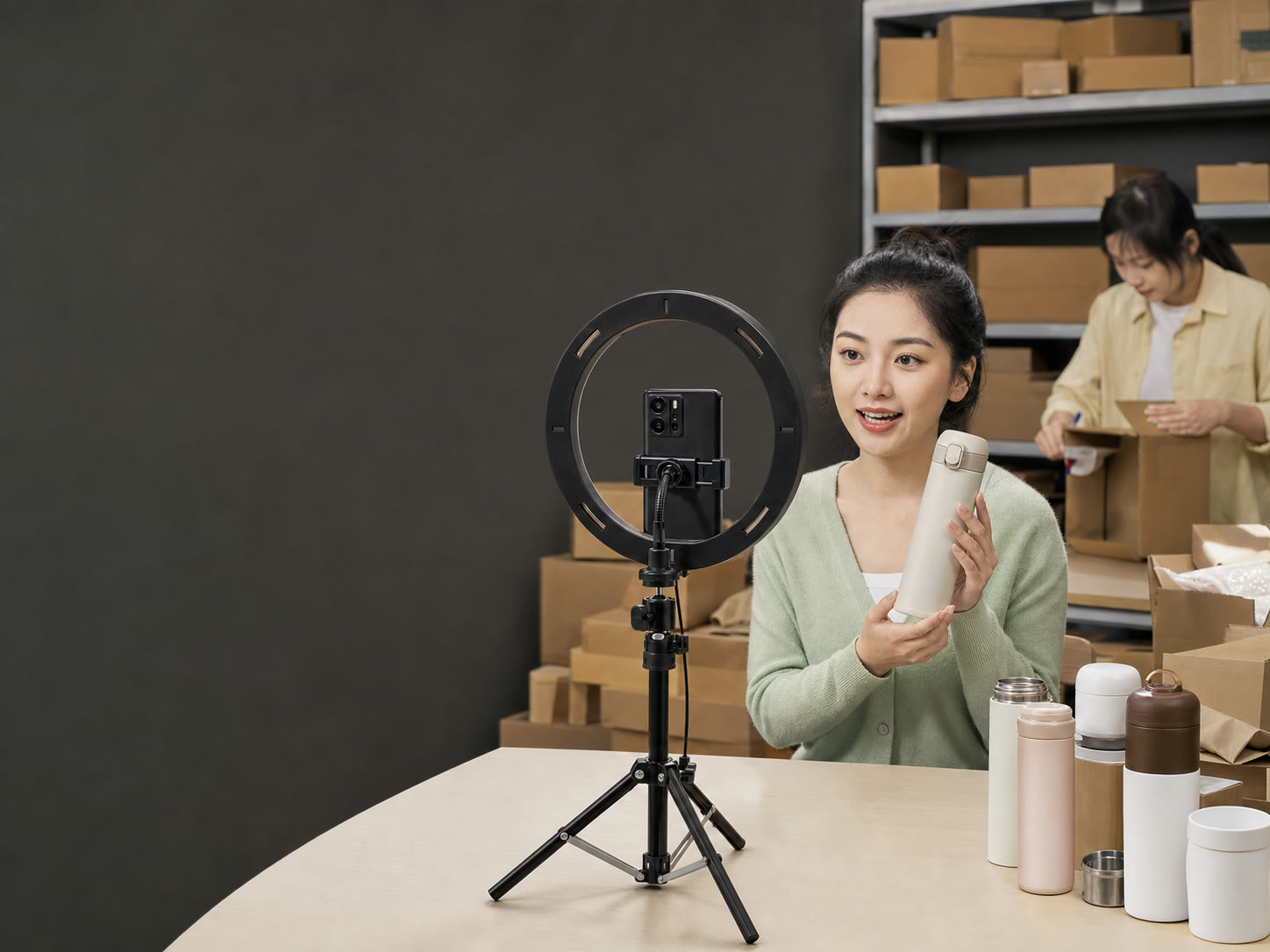 링라이트 중앙의 휴대전화와 포장 업무가 함께 이어지는 중국의 소규모 라이브커머스 작업장