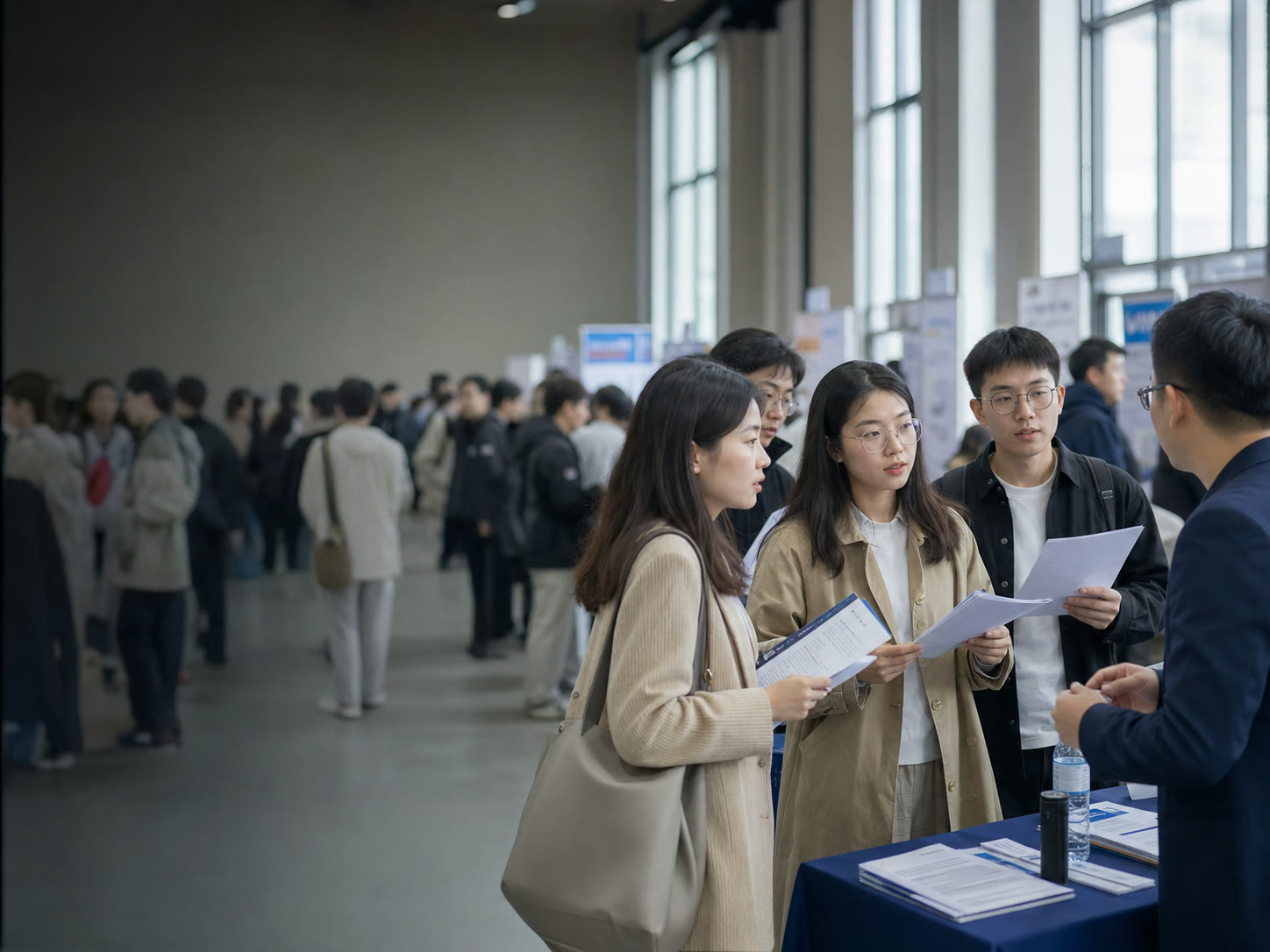 이력서를 들고 채용 상담을 받는 중국 대학생들의 캠퍼스 취업박람회