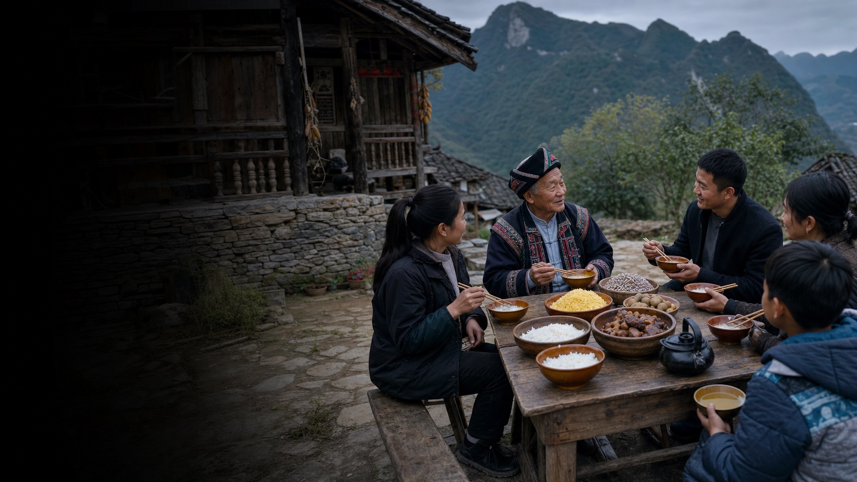 구이저우 북부 산지마을에서 거라오족 어르신과 가족이 옥수수·쌀·감자·메밀·유차와 저장육을 함께하는 풍경