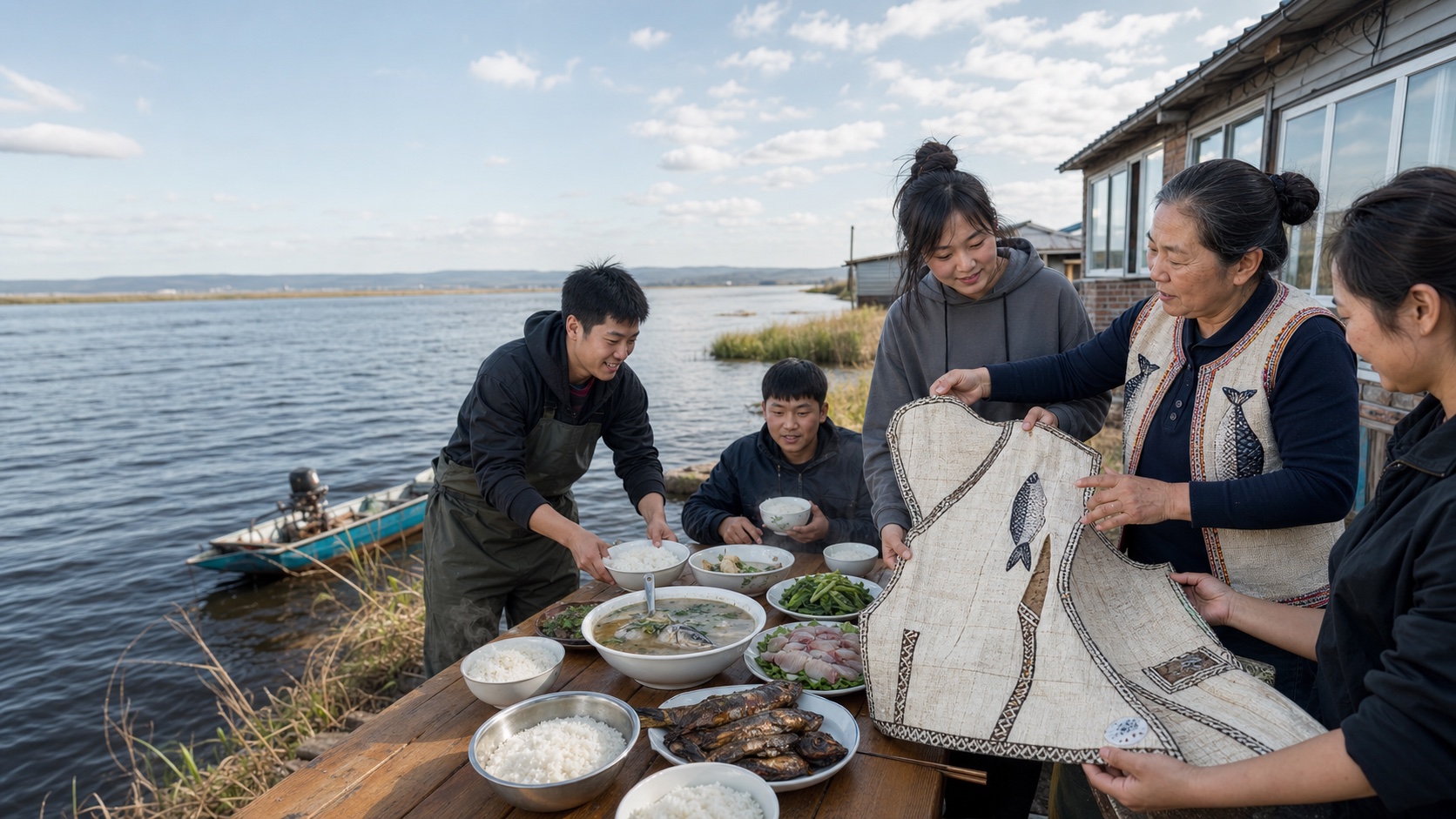헤이룽장 하류 강가에서 허저족 가족이 쌀밥과 민물고기 밥상을 차리고 어르신이 어피공예 의복을 보여주는 풍경