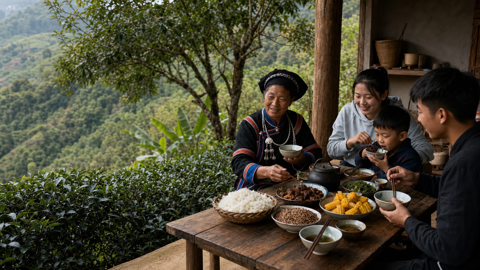 윈난 란창 차산 마을에서 라후족 어르신과 현대복의 가족이 쌀·옥수수·메밀·차·구이와 찧은 채소를 함께하는 풍경
