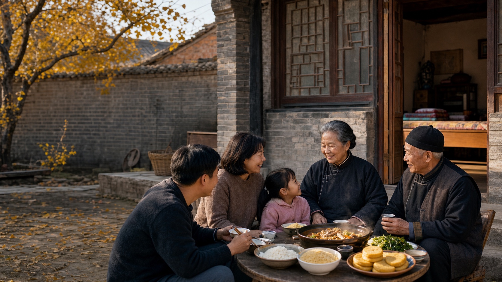 랴오닝의 동북식 주택 마당에서 생활포와 조끼를 입은 만주족 어르신과 현대복의 가족이 쌀밥·쏸차이·보보를 함께하는 풍경