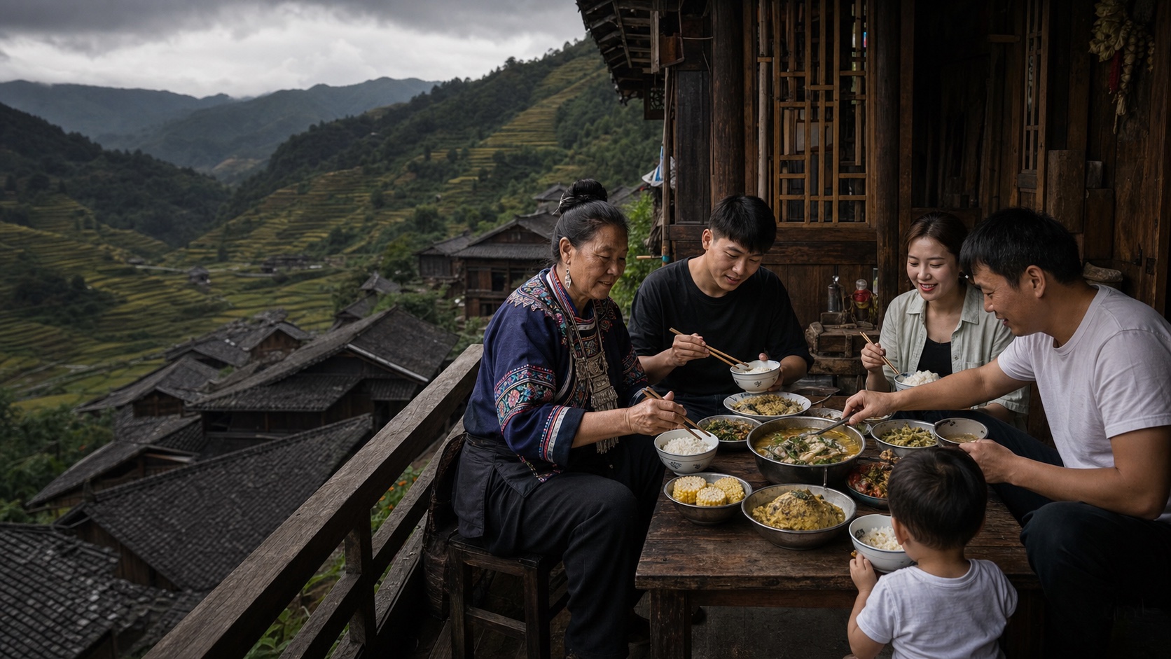 구이저우 동남부 산지마을에서 먀오족 어르신과 가족이 쌀·찹쌀·옥수수·신탕위와 발효채소를 함께하는 풍경