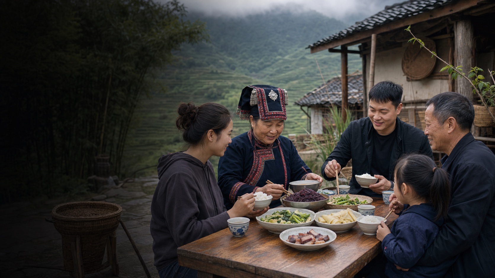 푸젠·저장 산지 차밭 마을에서 명절용 봉황복을 절제해 입은 서족 어르신과 현대복의 가족이 쌀밥·검은찹쌀밥·죽순·채소·차와 저장육을 함께하는 풍경