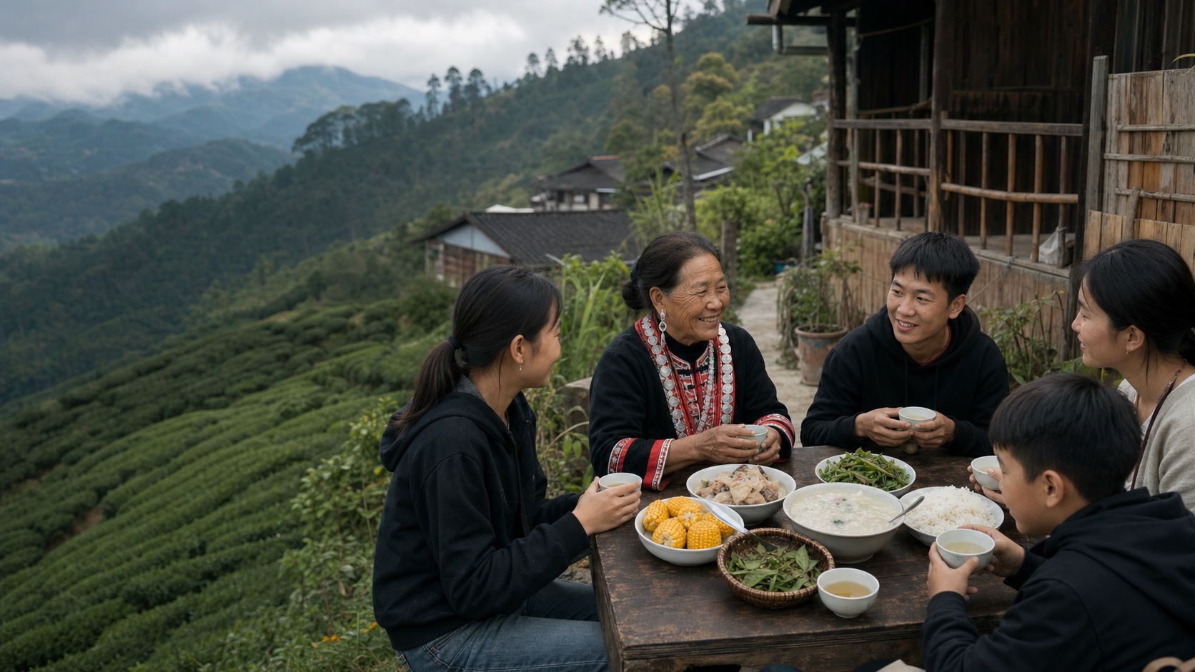 윈난 아와산 차밭 마을에서 와족 어르신과 현대복의 가족이 쌀·옥수수·닭죽·차와 산채를 함께하는 풍경