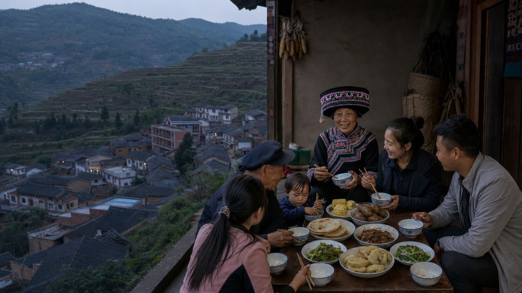 윈난 추슝 산지 마을에서 지역 전통복을 입은 이족 어르신과 현대복의 가족이 메밀·옥수수·감자·쌀과 산채를 함께하는 풍경