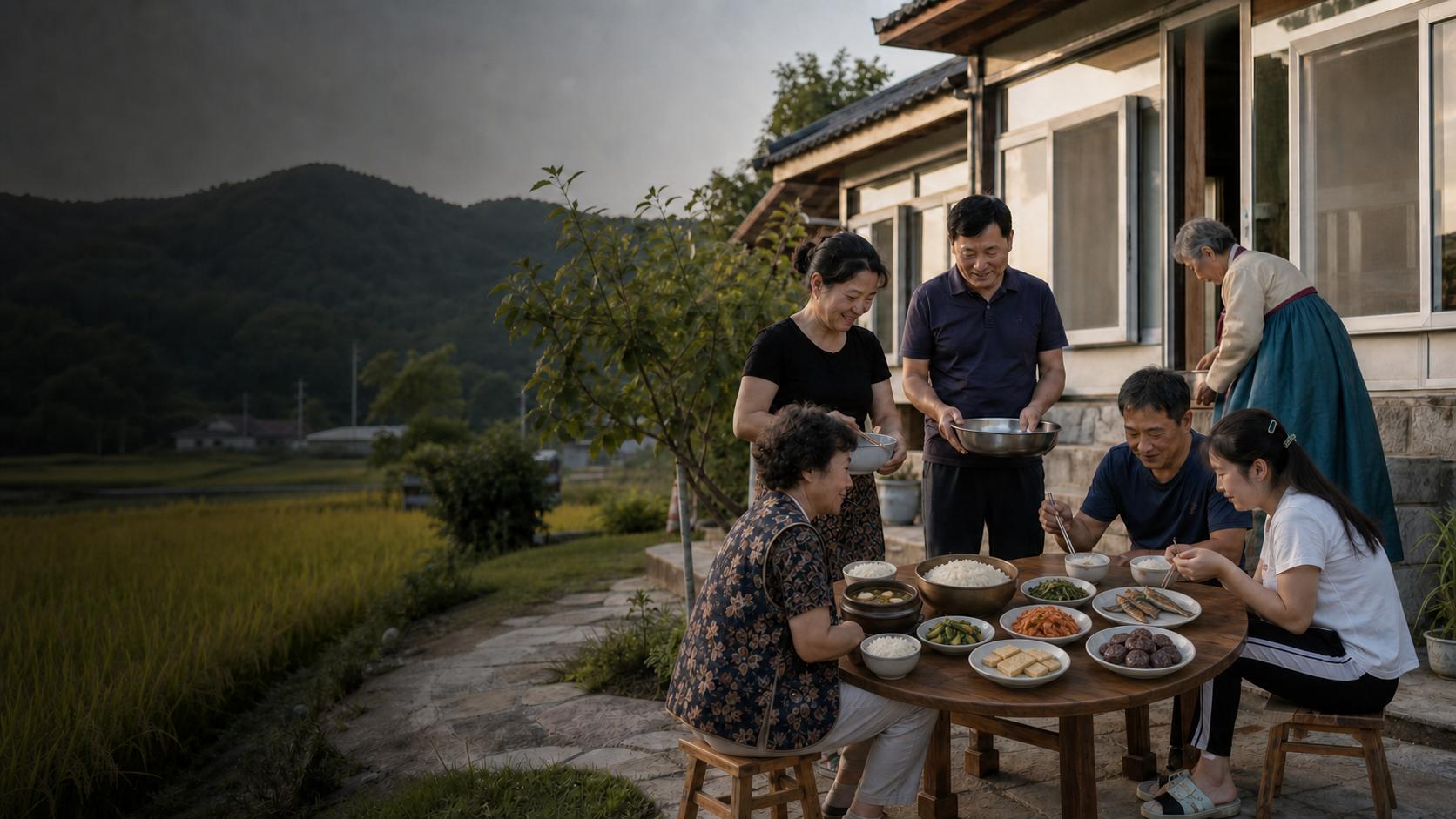 연변의 논과 주택을 배경으로 일부 전통복을 입은 어르신과 가족이 쌀밥·장국·김치·나물 등이 놓인 밥상을 함께하는 생활 풍경