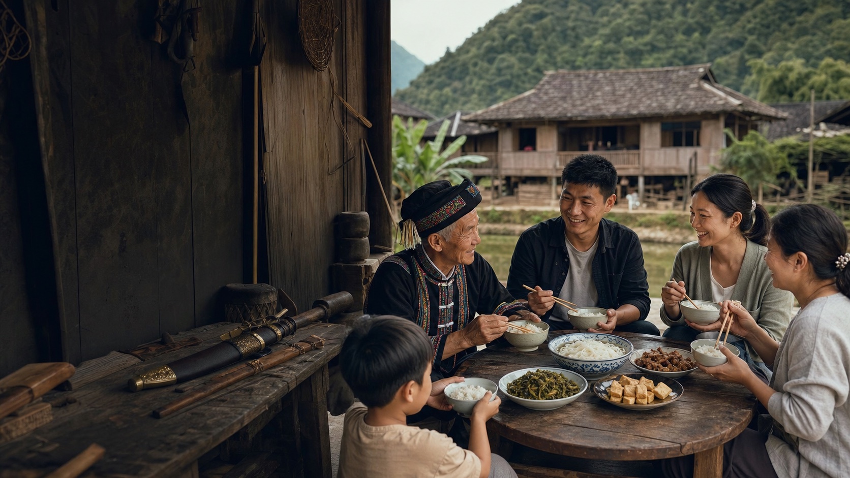 윈난 더훙 농촌의 주택에서 아창족 가족이 쌀·궈서우미셴·신맛채소·두부를 함께하고 작업대에 칼집을 씌운 후싸칼이 놓인 풍경