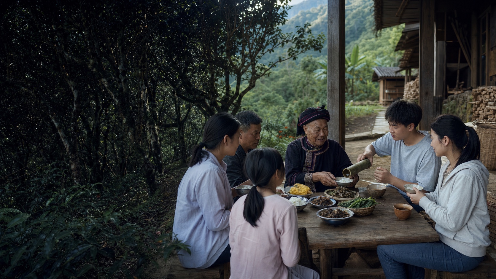윈난 부랑산의 오래된 차밭 마을에서 부랑족 어르신과 가족이 쌀·옥수수·신차·죽통차와 발효채소를 함께하는 풍경